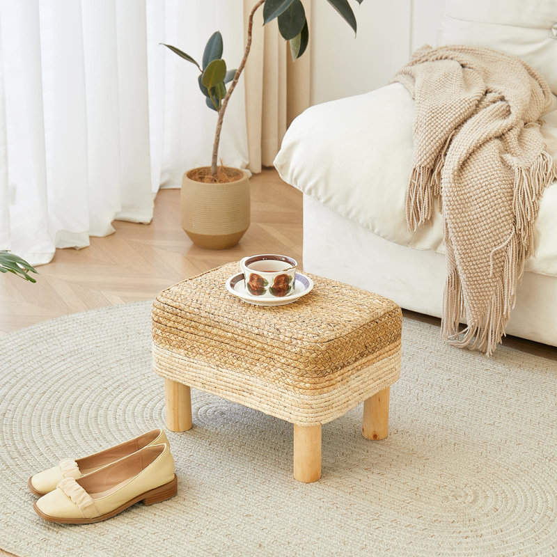 Ottoman Foot Stool Rectangular Footrest Natural Seagrass Footstool With Wooden Legs Hand Weave Multifunctional Modern Dressing Stool Sofa Side Table